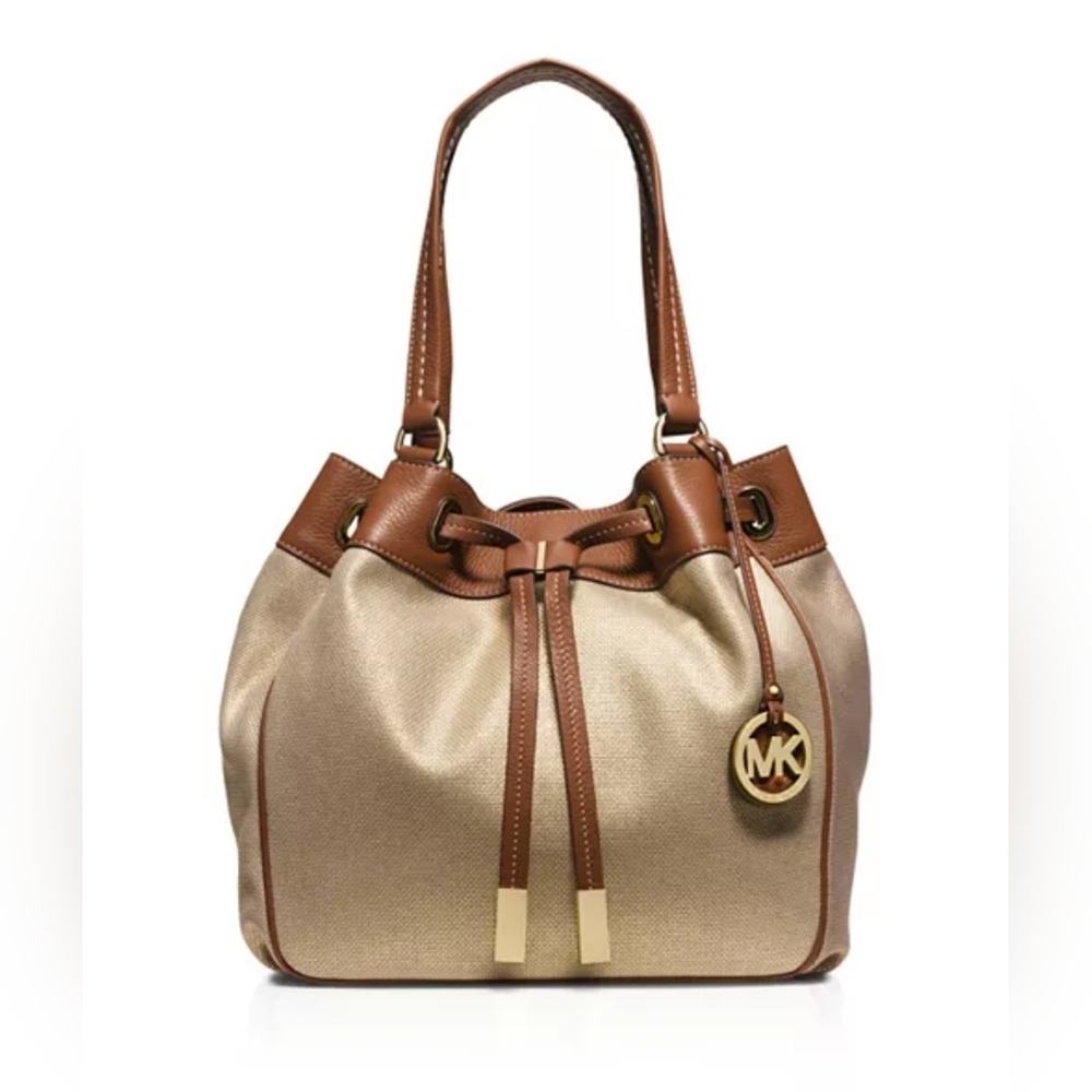Michael Kors Large Metallic Marina Drawstring Canvas Shoulder Bag